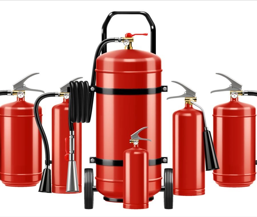 Set of realistic red extinguishers isolated on white background: different types of handle extinguishers, water, carbon dioxide, foam, powder and wet chemicals. 3d vector illustration Set of realistic red extinguishers isolated on white background: different types of handle extinguishers, water, carbon dioxide, foam, powder and wet chemicals. 3d vector illustration